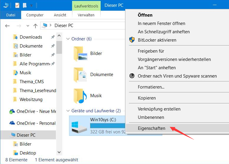 Eigenschaften des Windows-Explorer-Laufwerks C