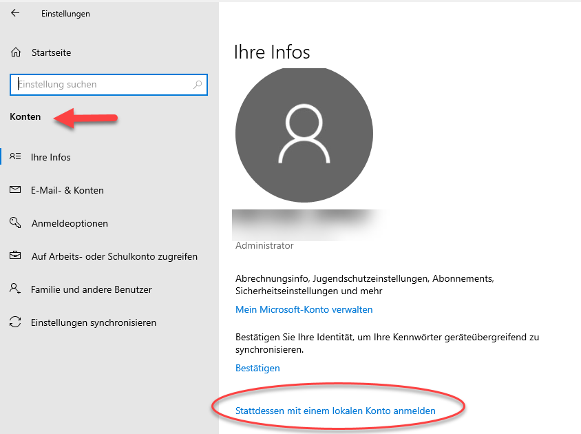 Stattdessen mit einem lokalen Konto anmelden