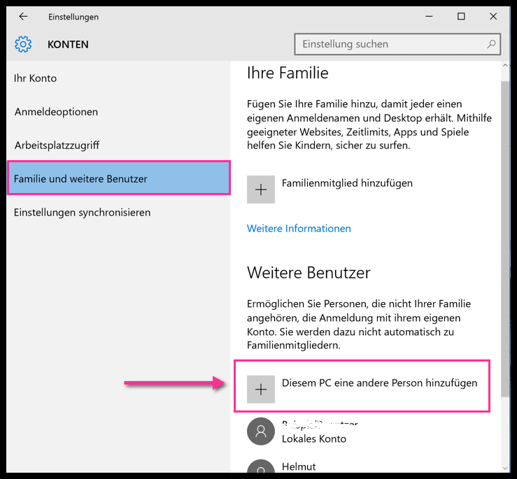 Windows: Diesem PC eine andere Person hinzufügen
