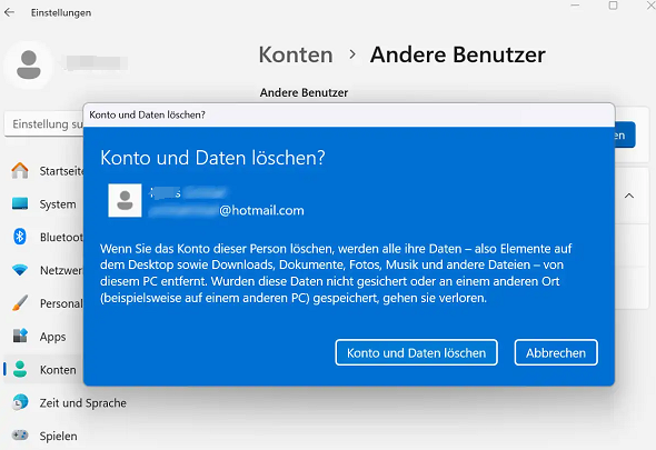 Bestätigung der Löschung von Benutzerkonto und Daten in Windows