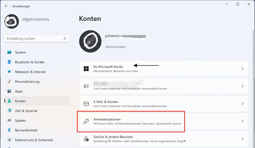 Windows 11 Kontoeinstellungen, Anmeldeoptionen