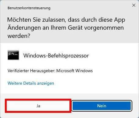 Windows 11, Eingabeaufforderung, Eine Sicherheitsabfrage fragt, ob Sie Änderungen an Ihrem Gerät zulassen möchten