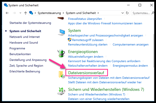 Dateiversionsverlauf auswählen