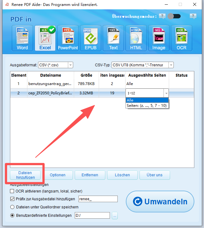 Dateien zu Renee PDF Aide hinzufügen und Seiten auswählen