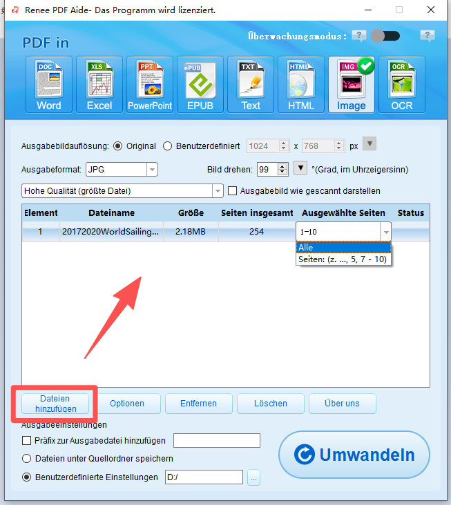 pdf-datei hinzufügen und in bild umwandeln