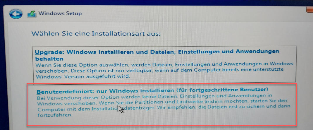 Windows 10/11 benutzerdefinierte Installation