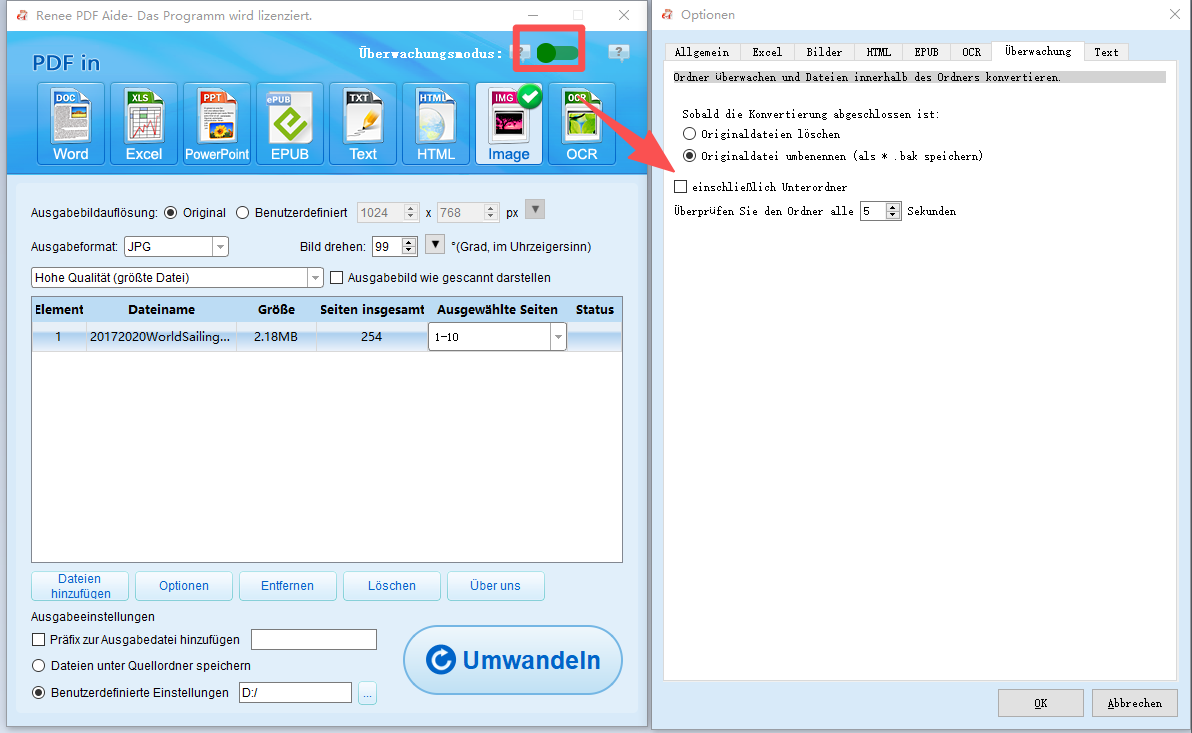 Renee PDF Überwachungsmodus, um PDF-Datei automatisch umzuwandeln