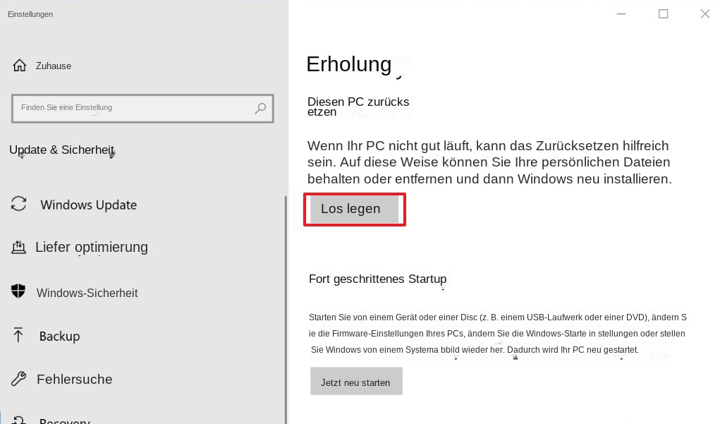 Diesen PC zurücksetzen -&gt; Erste Schritte