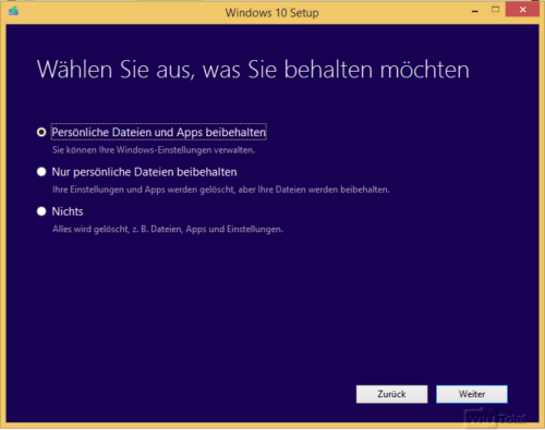 Windows 10 installieren, Persönliche Dateien und Apps beibehalten