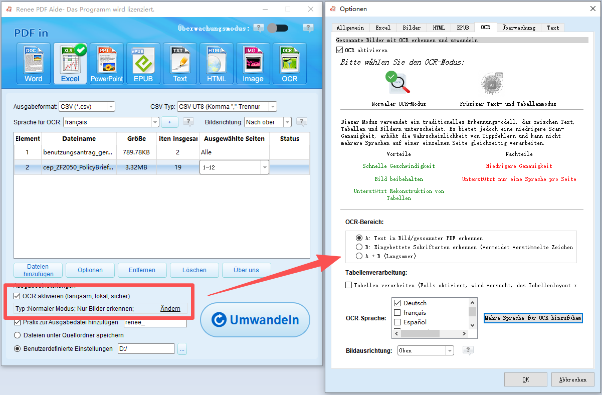 PDF Aide verwendet OCR, um PDF zu Excel oder CSV umzuwandeln