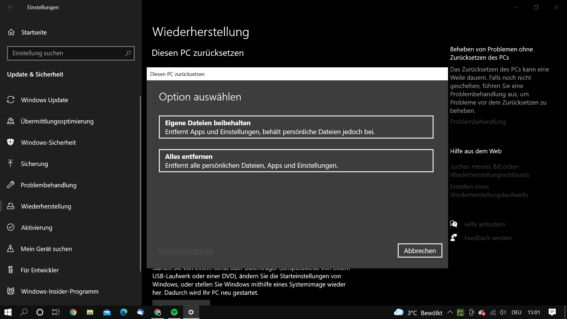 „Meine Dateien behalten“ oder „Alles entfernen“ bei Windows 10 PC-Zurücksetzen auswählen