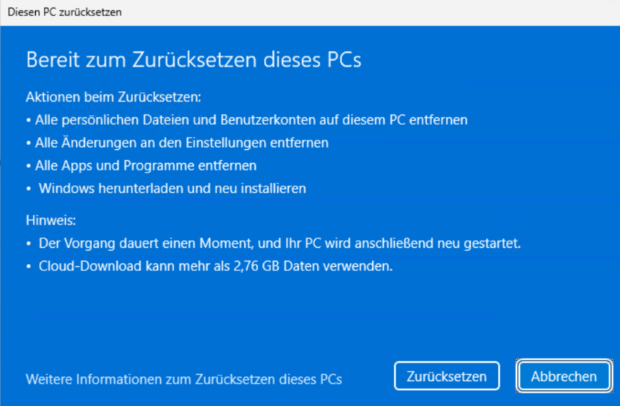 bereit, diesen PC zurückzusetzen