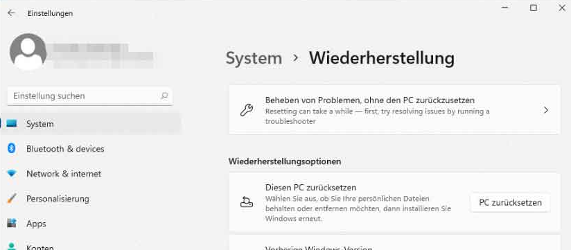 System und Wiederherstellung in Windows 11-Einstellungen auswählen