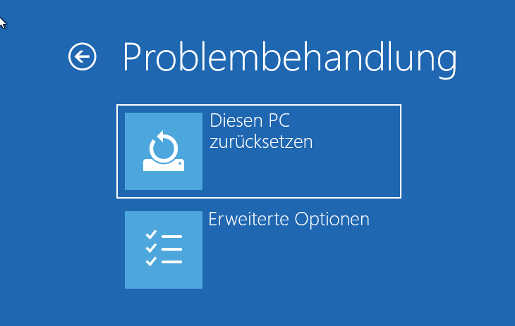Problembehandlung auswählen und dann diesen PC zurücksetzen