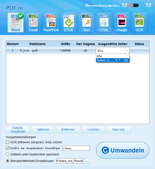 Seiten auswählen beim Umwandeln von PDF in Word