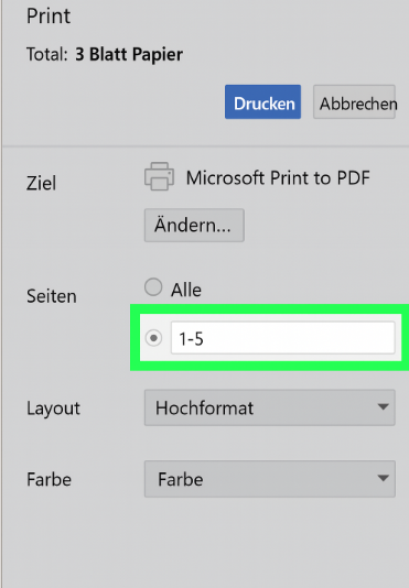 Chrome: Im Feld Seiten den gewünschten Bereich eingeben