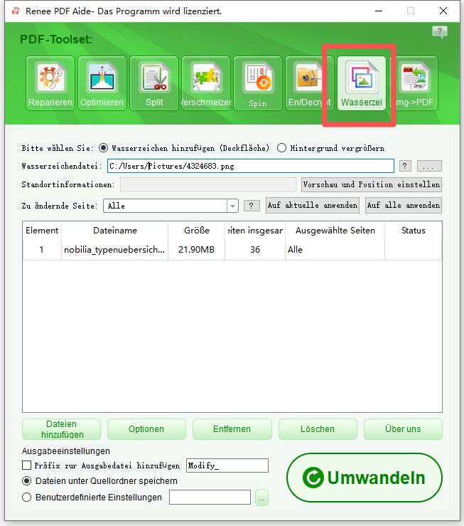 Watermark in Renee PDF Aide auswählen
