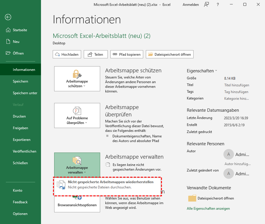 „Arbeitsmappe verwalten“ in Excel, „Nicht gespeicherte Arbeitsmappen wiederherstellen, Zuletzt nicht gespeicherte Dateien durchsuchen“ finden