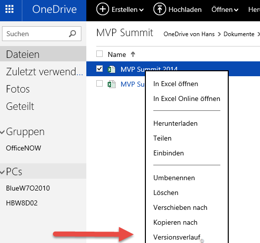 OneDrive, Datei, Versionsverlauf