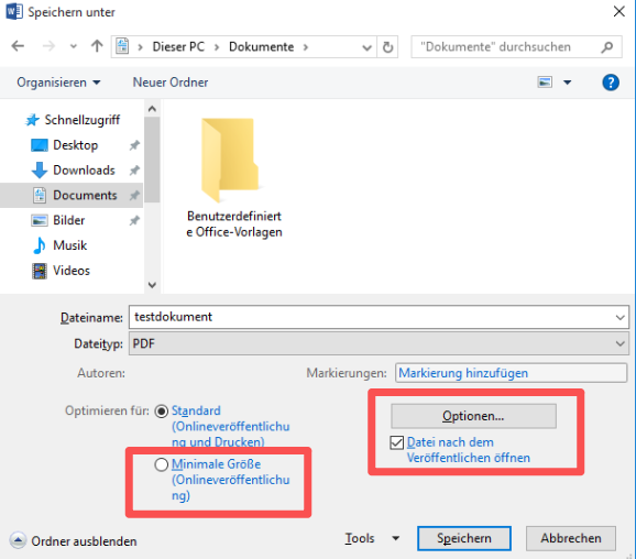 PDF mit „Minimale Größe“ in Word speichern
