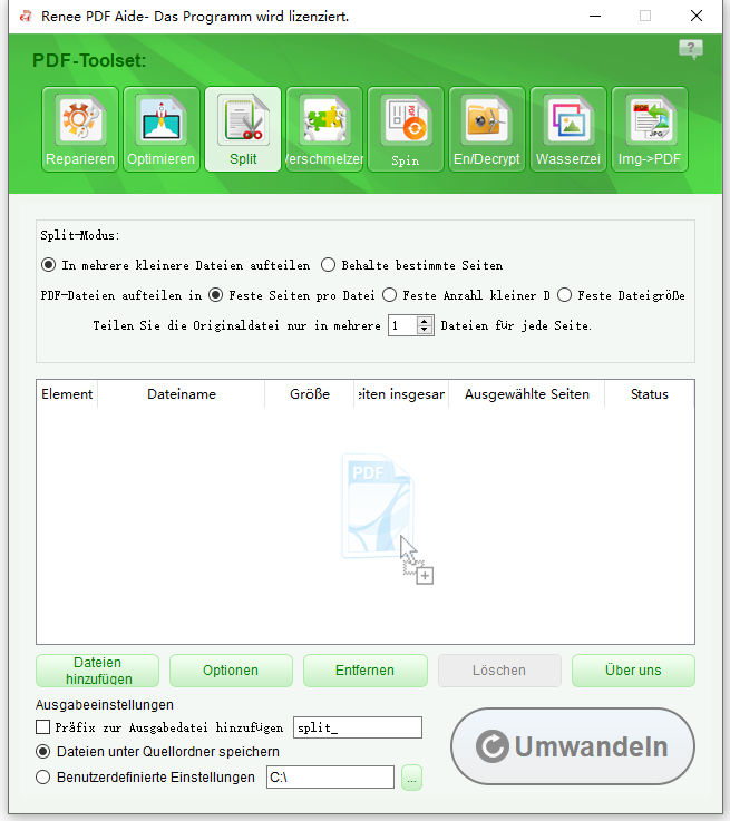 Teilen-Bereich in Renee PDF Aide mit Option zum Hinzufügen von Dateien.