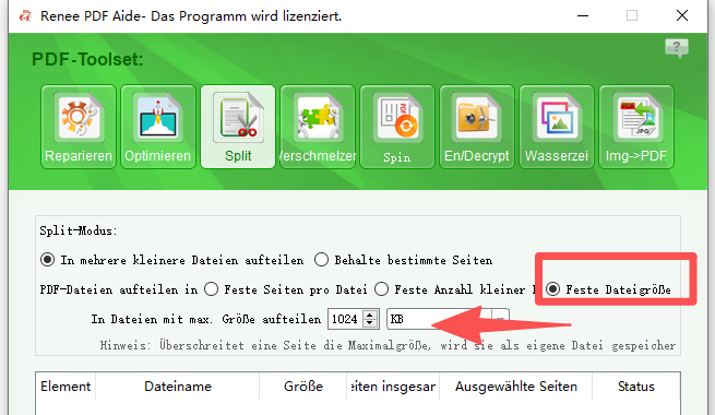 PDF-Datei nach fester Größe teilen.