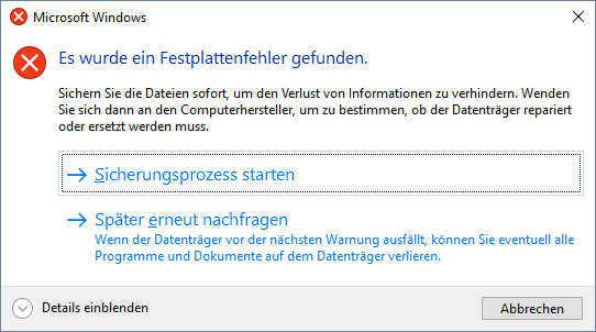 Kritisches Festplattenproblem, SMART‑Fehler