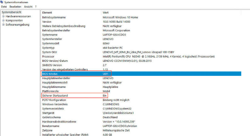 Dialog Systeminformationen mit UEFI‑Boot‑Modus und Secure‑Boot‑Status