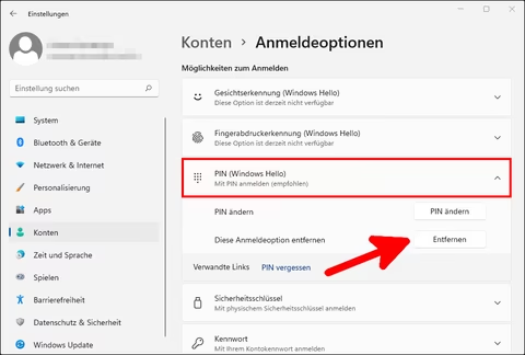 Windows 11: Hello-PIN entfernen
