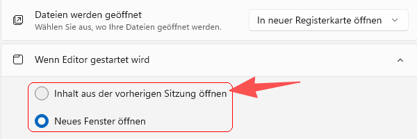 Notepad‑Einstellungen: „Vorherige Sitzung fortsetzen, wenn Notepad startet“