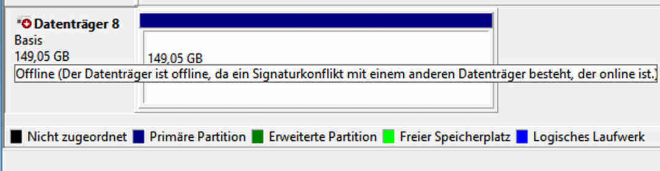 Windows-Datenträgerverwaltung: Geklonte Festplatte aufgrund von Signaturkollision offline