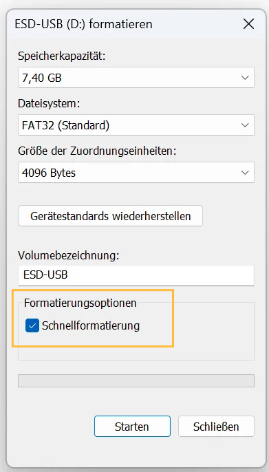 Schnellformatierung aktivieren