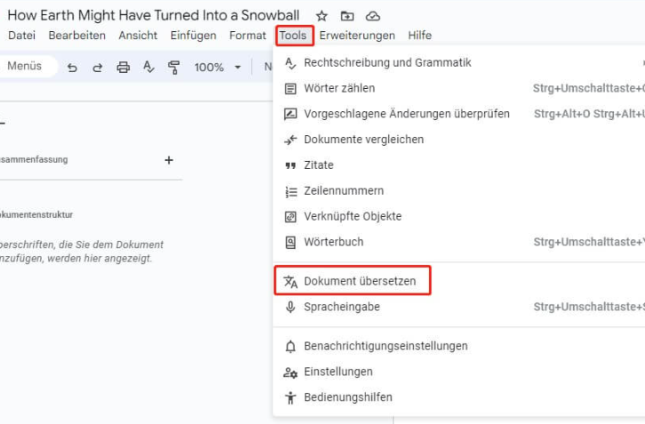 Google Docs, Dokument übersetzen