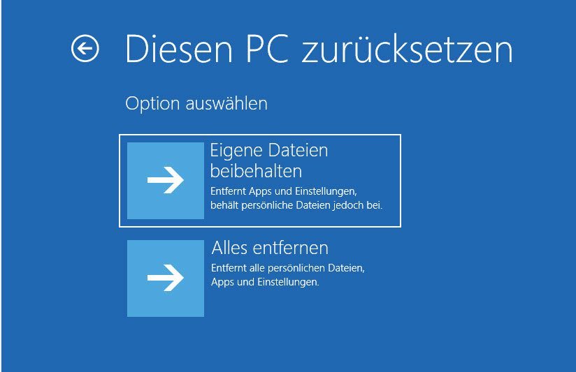 WinRE-Menü: Optionen zum Zurücksetzen dieses PCs, meine Dateien behalten
