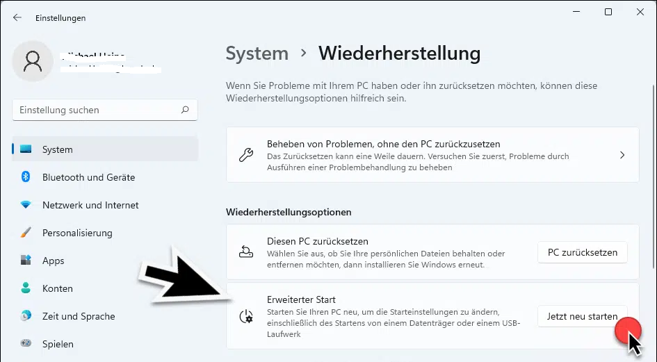 Windows 11 erweiterter Start jetzt neu starten