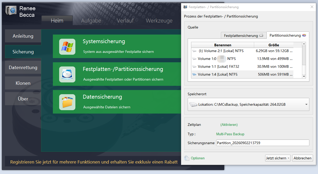 Sichern der Wiederherstellungspartition in Renee Becca